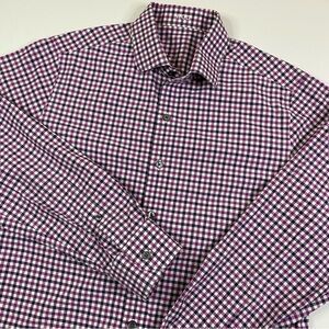 J. Hilburn Dress Shirt Men's Large Woven Purple Check Plaid Long Sleeve Preppy